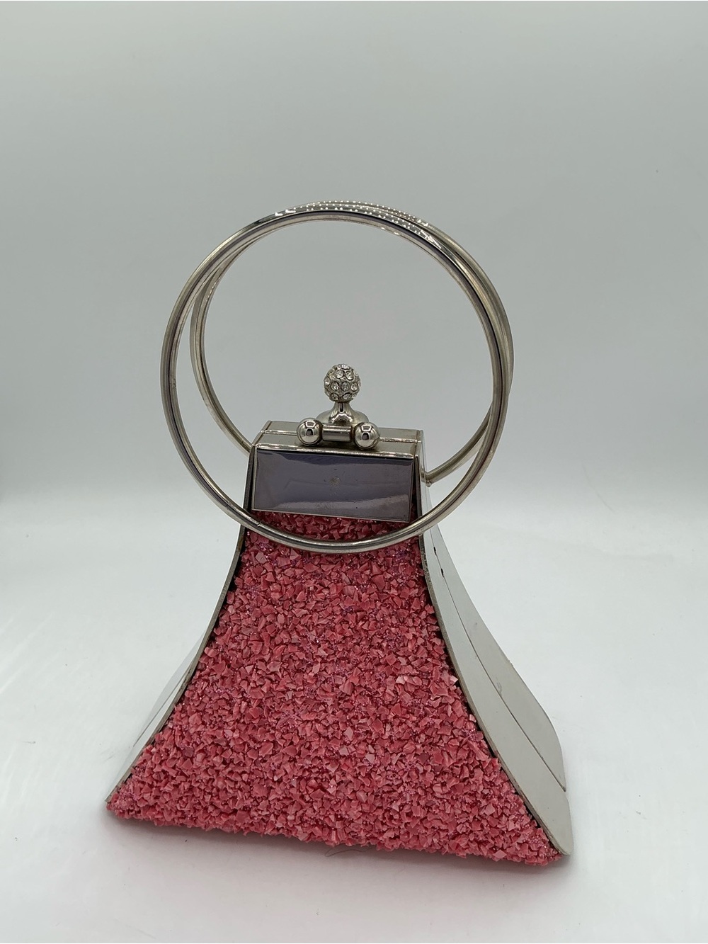 GaBaangs pink rhinestone and crushed-stone trapezoidal evening handbag
